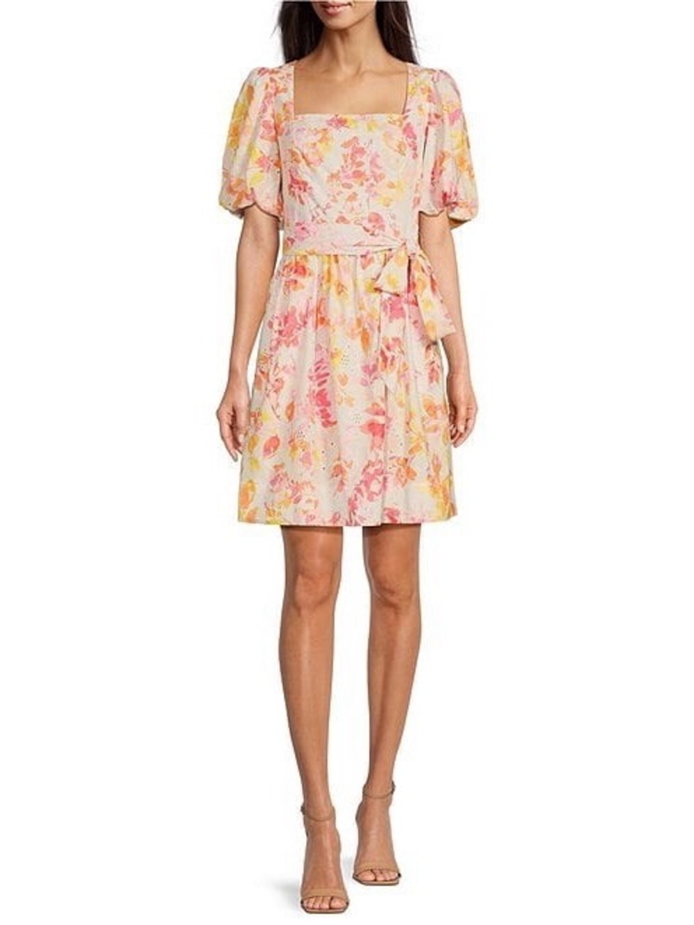 NWT ELIZA J White & Pink FLORAL Print PUFF SLEEVE Eyelet Cotton MINI DRESS 16